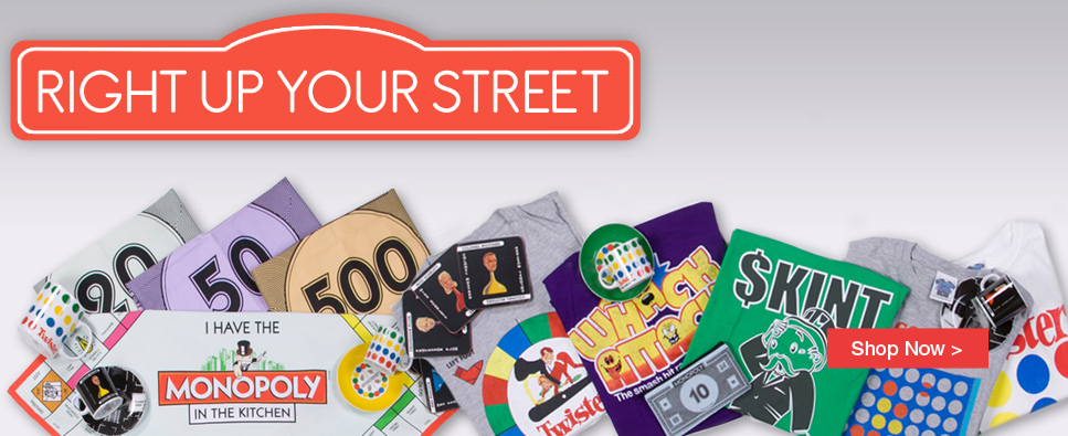 T-Shirts, gifts and home wares celebrating classic childhood games Cluedo, Twister, Connect 4, Whack Attack, Monopoly T-Shirts, Games, Homewares