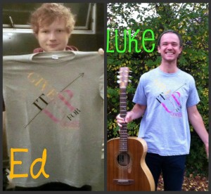 Ed Sheeran and Luke Concannon showing off one25's awesome Give It Up t-shirts
