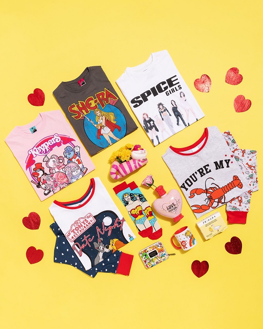 Flat lay images on yellow background of retro tshirts, pyjamass, socks and mugs with red hearts