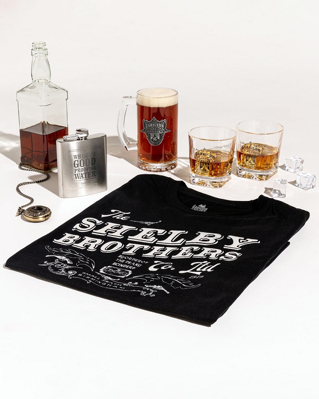 Group images of Peaky Blinder merchandise including a tshirt, tumbler, pint glass and hip flask